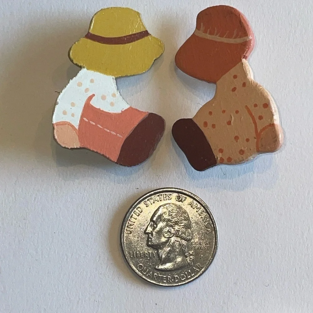 Vintage Wooden Amish Boy Girl Painted Boho Brooches Pins
